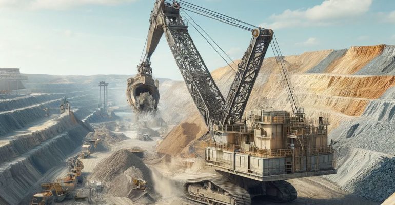 DALL·E-2024-04-17-12.32.42---A-realistic-photograph-of-an-open-pit-mining-quarry,-extracting-materials-like-stone,-sand,-and-gravel.-The-scene-includes-a-detailed,-life-like-large
